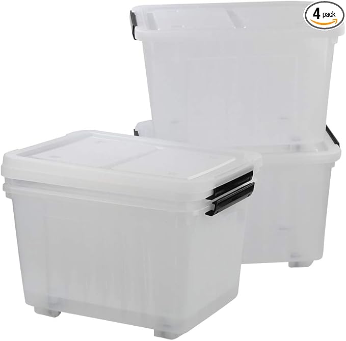 30 L Clear Plastic Storage Box with Wheels 4-Pack Clear Plastic Storage Latch Bin