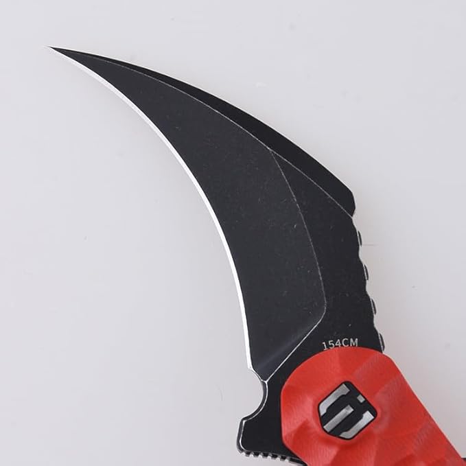 SHIELDON Scythe(XL) Folding Knife 154CM Steel Titanium Coating 2.92 Hawkbill Point Blade Pocket Knife with Red G10 Handle and Reversible Wire Clip