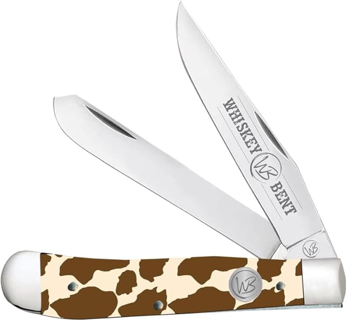 WHISKEY BENT HAT CO. Traditional Trapper Folding Pocket Knife 4.125 Closed Length 440C Stainless Steel Blades (Brown Hide)