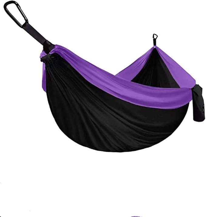 Double Camping Hammock Portable Indoor Outdoor Tree Hammock with 2 Hanging StrapsLightweight Nylon Parachute Hammocks for Backpacking Travel(Black/Purple)