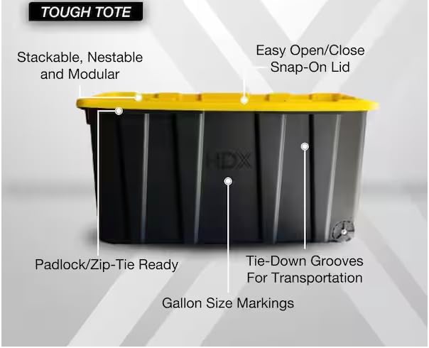 77 Gallon Tough Storage Tote with Wheels Black with Yellow Lid