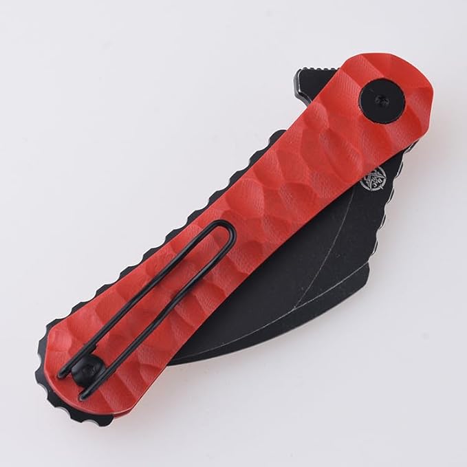 SHIELDON Scythe(XL) Folding Knife 154CM Steel Titanium Coating 2.92 Hawkbill Point Blade Pocket Knife with Red G10 Handle and Reversible Wire Clip