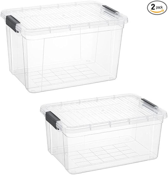 Superio Clear Storage Boxes with Lid 2 Pack Plastic Container Bins for Organizing Stackable Crates BPA Free Non Toxic Odor Free Organizers for Home Office School and Dorm (36 and 49 Qt)