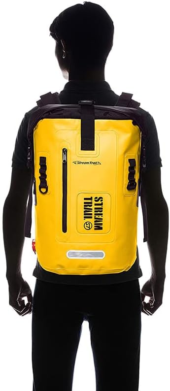 Stream Trail Waterproof Backpack 25L Heavy Duty Roll-Top Closure with Easy Access Front-Zippered Pocket and Cushioned Padded Back Panel for Comfort IPX6 Water Rsistance Dry Bag Yellow