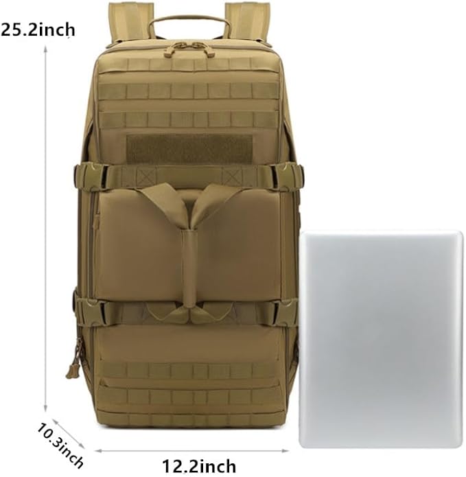Tactical Duffel Backpack Military Waterproof handbags Large Capacity Mountaineering Luggage Hiking Camping Bag Outdoor (Brown 12.2 L x25.2 H x 10.3 W)
