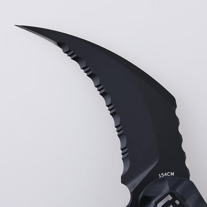 SHIELDON Scythe(XL) Folding Knife 154CM Steel Titanium Coating 2.92 Hawkbill Point Serrated Blade Pocket Knife with Black Non-Slippery PEI Handle and Reversible Wire Clip