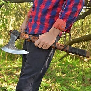 Camping Axe Hatchet 19 Inch – 1095 High Carbon Steel Bearded Axe with Rosewood Handle &amp Leather Wrap Outdoor Wood Chopping Hatchet with Genuine Leather Sheath