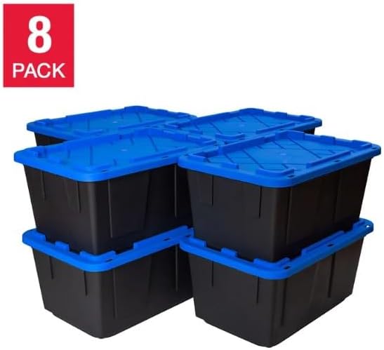 Tough 27 Gallon Plastic Storage Bin with Snap Lid Stackable Lockable Set of 8 Heavy-Duty Durable Multi-Purpose Storage Containers for Indoor &amp Outdoor Use (Blue and Black)