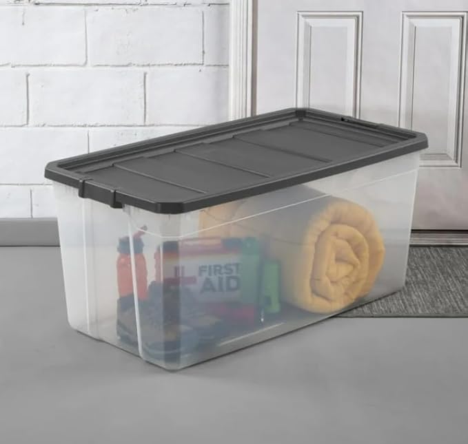 Clear Plastic Storage Container Set 200 Quart Stackable Bins with Dark Gray Latch Lids 3 Count
