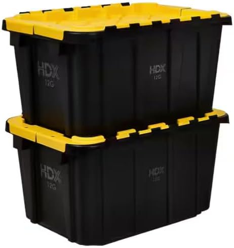 12 Gal. Tough Storage Flip Top Tote in Black with Yellow Lid High-Grade Resin Stackable Lockable