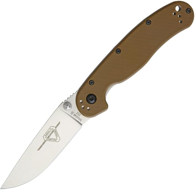 Ontario Knife Company Rat II Satin D2 Tool Steel Drop-Point Blade Folding Pocket Knife Coyote Brown G-10 Handle Liner Lock Knife Everyday Carry Knife – ON8828CB