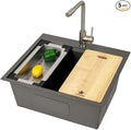 STARSTAR Workstation Ledge Topmount/Drop-in Single Bowl Satin Brass Matte Stainless Steel Kitchen/Yard/Bar/Laundry/Office Sink With Grid Colander Cutting Board Strainer with Basket (23x20x9 Black)