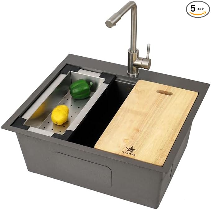 STARSTAR Workstation Ledge Topmount/Drop-in Single Bowl Satin Brass Matte Stainless Steel Kitchen/Yard/Bar/Laundry/Office Sink With Grid Colander Cutting Board Strainer with Basket (23x20x9 Black)