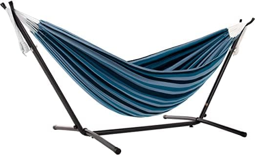 450lbs Capacity Double Hammock Adjustable Hammock Bed with 9ft Heavy Duty Steel Stand Includes Portable Carrying Case Easy Set up Blue Lagoon