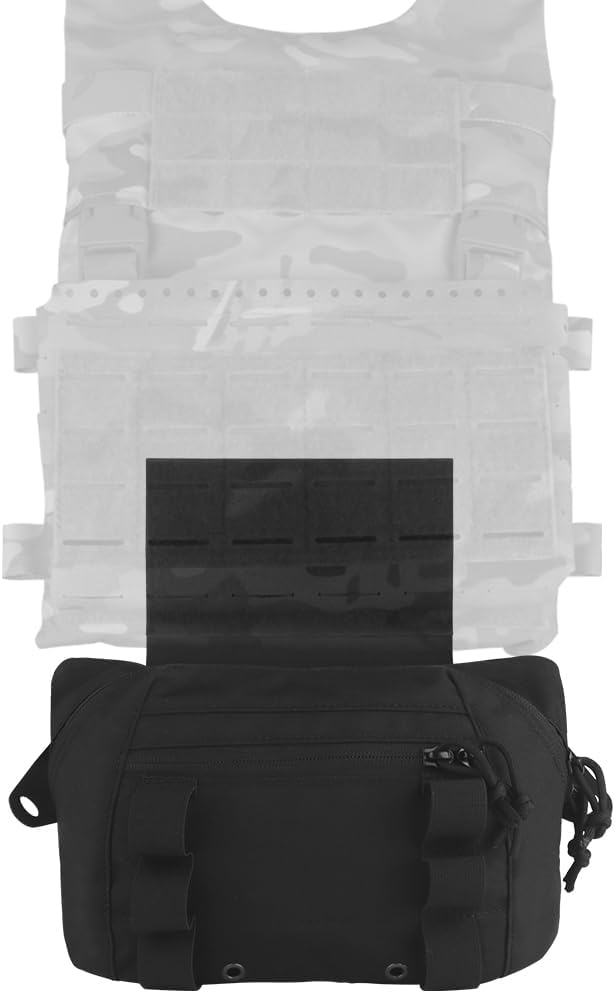Assault Dangler Pouch with Elastic Loops Panel*2 Hook Loop Tongue for Plate Carrier Chest Rig Top Arc Opening Half Zip Tactical Fanny Pack Sling Bag Concealed Carry EDC IFAK Medical Drop Pouch-BLK
