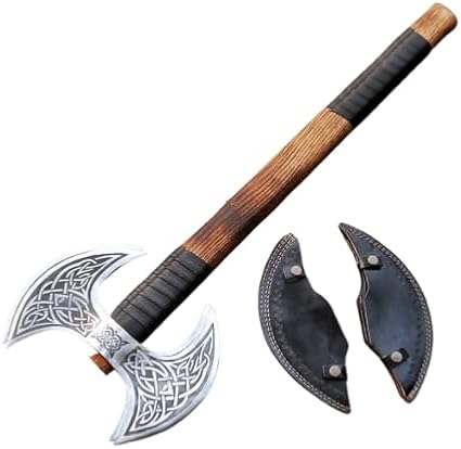 Qepaa Crafts® Custom Handmade Viking Axe Rose Wood Handle Hand Forged Carbon Steel Twin-Blade Berserker Axe for Norse Viking DecorFree Leather Sheath Gift for him
