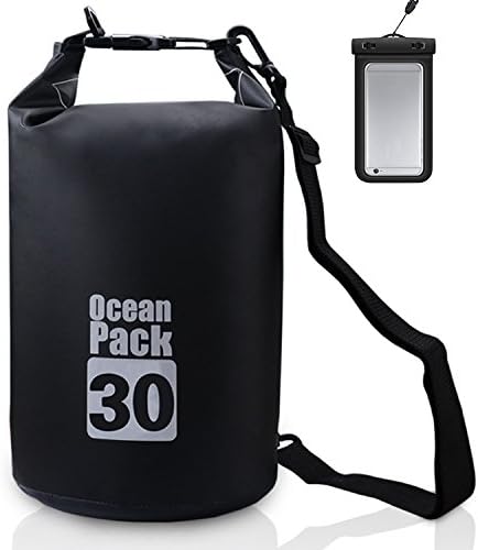 JIAN YA NA Waterproof Dry Bags Roll Top Dry Compression Sack Keeps Gear Dry Bags with Adjustable Strap for Outdoor Kayaking Beach Rafting BoatingBonus Waterproof Phone Case (Black 30L)