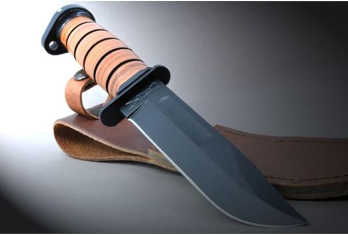 KA-BAR Dog's Head Utility Knife Fixed Blade Knife 7 Clip Point 1095 Cro-Van Black Blade Stacked Leather Handle Black/Brown