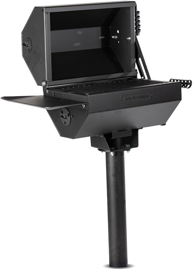 Ash &amp Ember Park-Style Grill/Smoker 260 Sq In Charcoal Grill with Cover 17.5x11.5 Grate Side Shelf for Food Prep Single Post Permanent Park-Style Grill for Outdoor Backyard BBQ