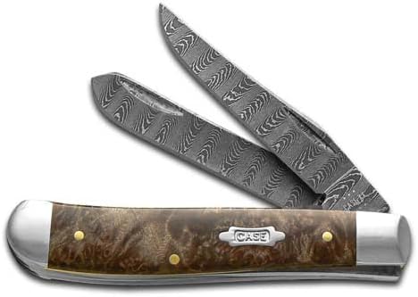 Case XX Pocket Knife MINI TRAPPER - NATURAL MAPLE BURLWOOD LADDER DAMASCUS Item #15091-7207 DAM - Length Closed: 3 1/2Inches