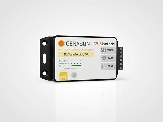 Genasun GV-5-Pb-12V 5 A MPPT Solar Charge Controller for 12 V Lead-Acid Batteries and 5 A Load Output with Low Voltage Disconnect (LVD)