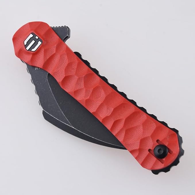 SHIELDON Scythe(XL) Folding Knife 154CM Steel Titanium Coating 2.92 Hawkbill Point Blade Pocket Knife with Red G10 Handle and Reversible Wire Clip