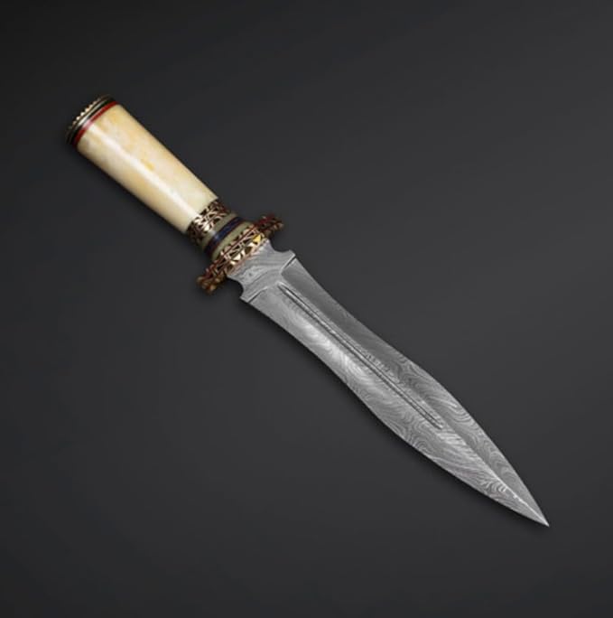 Empire Handmade Damascus Steel Double Edge Fixed Blade Hunting Dagger Knife - Straight Edge - Camel Bone Handle - 16 Inch Long Knife - Sheath Included