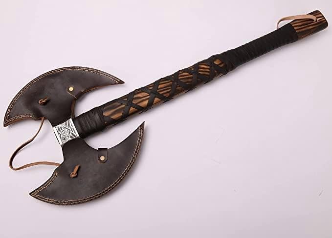 I Camping Axe Tomahawk Viking Bearded Axe Christmas gifts-27 Long Odin's Double Edge Head Viking Axe Twin Blade Axe with Ash Wood Handle with Genuine Leather Sheath (OD-007)