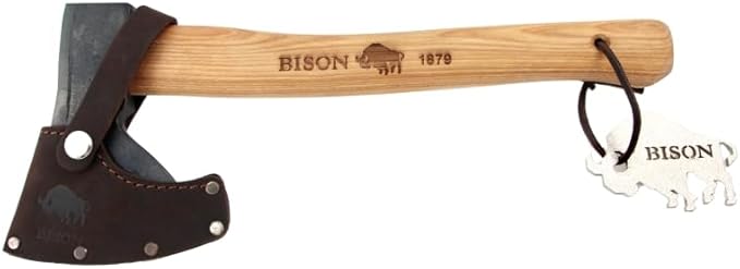 Bison Hatchet 1879 500 g I Allrounder 330 mm Long for Forest Camping &amp Outdoor I Hand Forged I Triple Safety Wedging with Genuine Leather Cutting Protection Natural