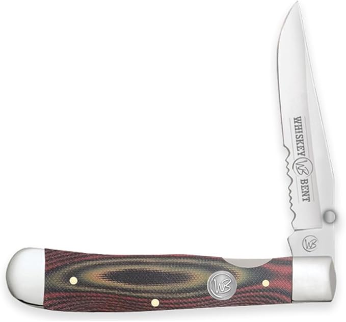 WHISKEY BENT HAT CO. Locking Trapper Folding Pocket Knife 4.125 Closed Length 440C Stainless Steel Blades (Desert Sand - Serrated)