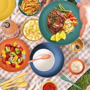 Wrova Wheat straw plates and bowls sets with cutlery - Unbreakable wheat straw dinnerware sets of 28 - Microwave safe platesbowlscups for campingkitchennew apartment.Colorful
