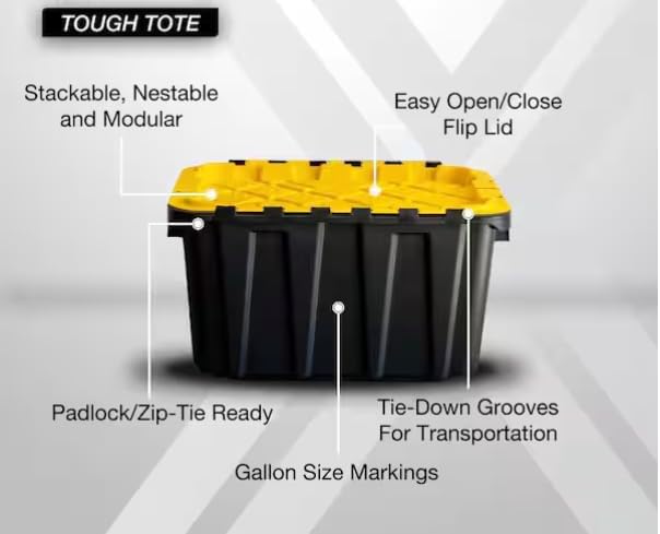 12 Gal. Tough Storage Flip Top Tote in Black with Yellow Lid High-Grade Resin Stackable Lockable