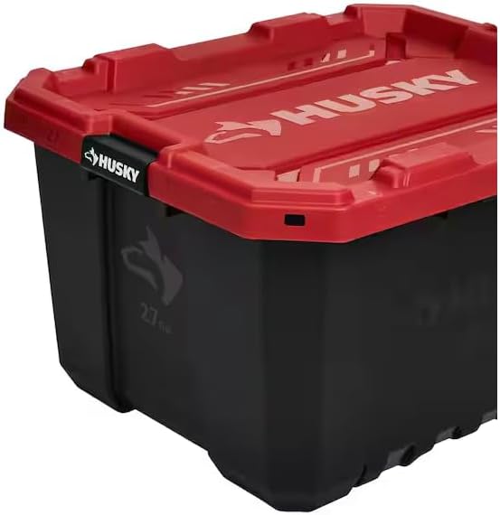 *Husky* 27 Gallon Pro Grip Storage Tote Heavy Duty Container with Red Lid and Black Base Stackable Utility Box