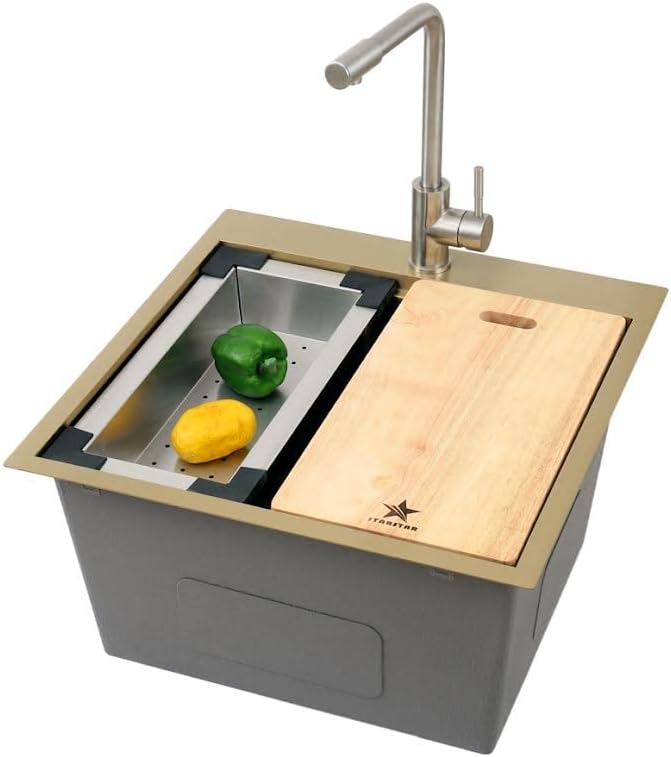 STARSTAR Workstation Ledge Topmount/Drop-in Single Bowl Satin Matte 304 Stainless Steel Kitchen/Yard/Bar/Laundry/Office Sink With Grid Colander Cutting Board Strainer (22x22x12 Gold)