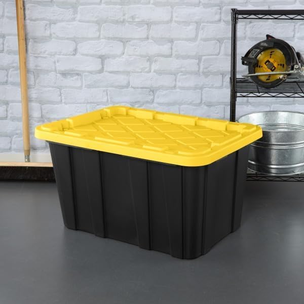 G 63 Star Lite 27 Gallon Industrial Storage Tote with Snap-Fit Lid Black Base with Yellow Lid Stackable Heavy-Duty Plastic Bins 6-Pack