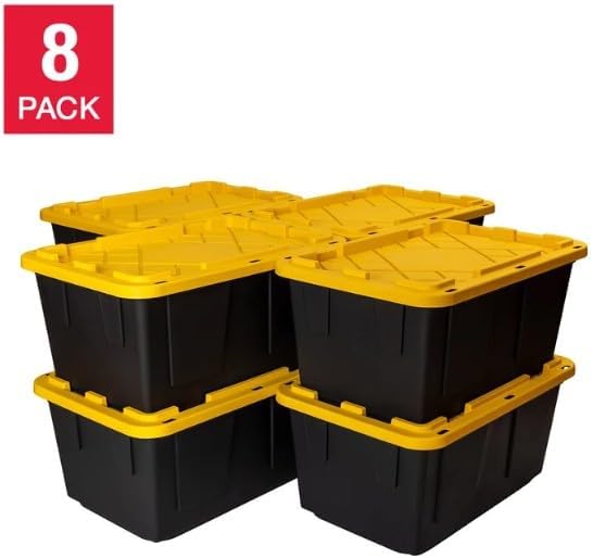 Tough 27 Gallon Plastic Storage Bin with Snap Lid Stackable Lockable Set of 8 Heavy-Duty Durable Multi-Purpose Storage Containers for Indoor &amp Outdoor Use (Yellow and Black)