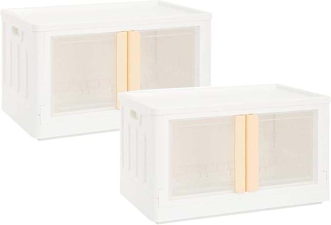 Folding and Stackable Container with Doors and Handles | Storage Container | Storage Organizer | Storage Totes | Trunk Organizer 72 Liter Set of 2 White&ampCream Handle