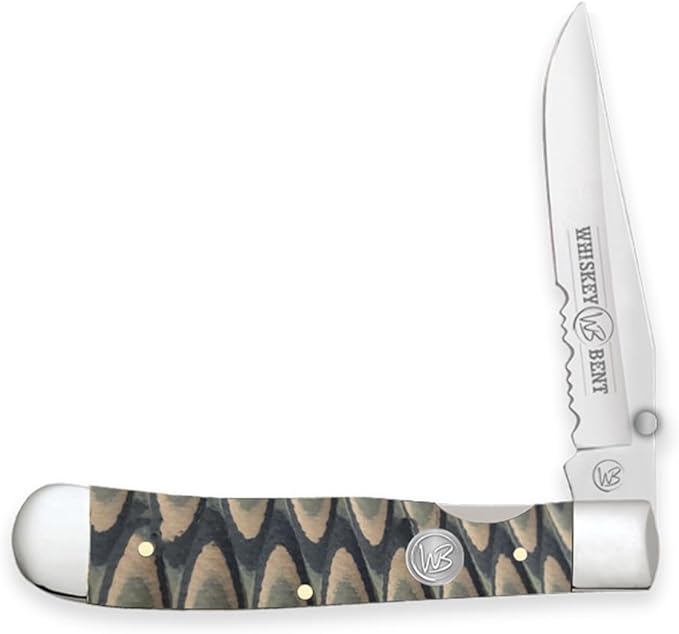 WHISKEY BENT HAT CO. Locking Trapper Folding Pocket Knife 4.125 Closed Length 440C Stainless Steel Blades (Brown Fang - Serrated)