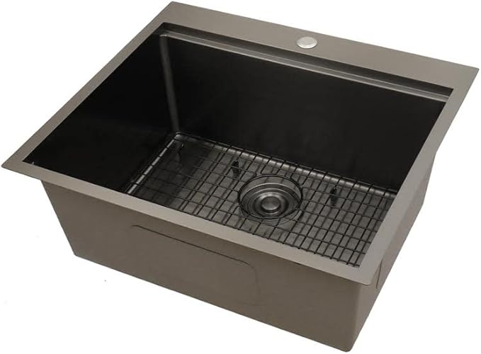 STARSTAR Workstation Ledge Topmount/Drop-in Single Bowl Satin Matte 304 Stainless Steel Kitchen/Yard/Bar/Laundry/Office Sink With Grid Colander Cutting Board Strainer (25x22x10 Black)