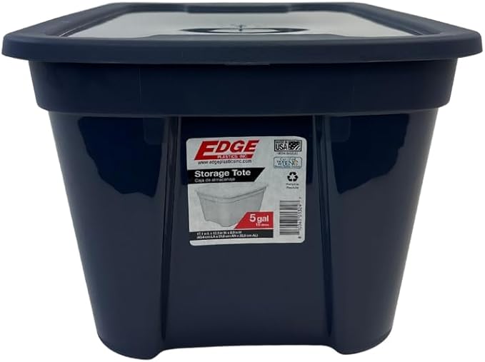 Edge Plastics 5 Gallon Classic Storage Tote 6 Pack durable storage in for home or garage with secure snap lid designed for stacking (6 Ink 5 Gallon)