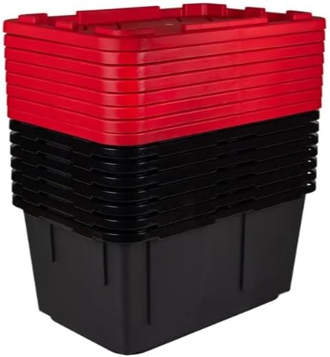 Tough 27 Gallon Plastic Storage Bin with Snap Lid Stackable Lockable Set of 8 Heavy-Duty Durable Multi-Purpose Storage Containers for Indoor &amp Outdoor Use (Red and Black)