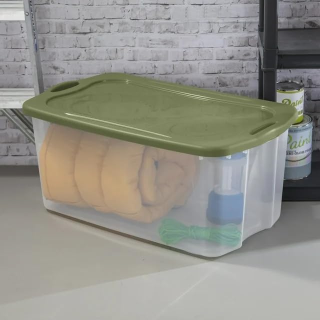 Extra Large 120 Quart Storage Bin - Green Clear Plastic Container with Snap-On Lid - Carry Handles - Heavy Duty Stackable Design for Garage Holiday Decor &amp Sports Equipment
