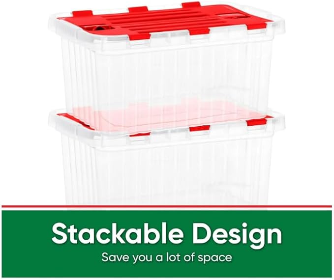 Superio Red Storage Box with Red Hinged Lids 2 Pack Plastic Container Bins for Organizing with Attached Lid Stackable Crates BPA Free Organizers for Home Office Dorm (2 35 Quart)