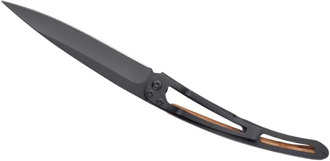 deejo - 37G Folding Pocket Knife with Belt Clip - Trout Design 3.7-Inch Stainless Steel Blade Black Titanium Finish Juniper Wood Handle - Lightweight Everyday Carry for Home Work and Outdoor Use