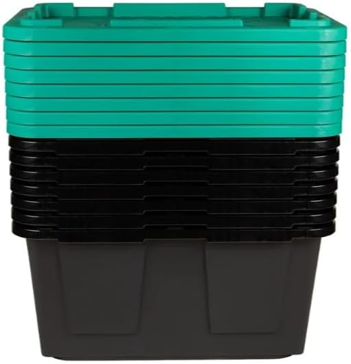 Tough 27 Gallon Plastic Storage Bin with Snap Lid Stackable Lockable Set of 8 Heavy-Duty Durable Multi-Purpose Storage Containers for Indoor &amp Outdoor Use (Green and Black)