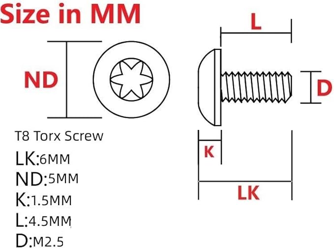 6PCS Titanium T8 Torx Screws with M2.5 Thread Fits for Knife Scales Handle DIY Making Accessory(Silver)