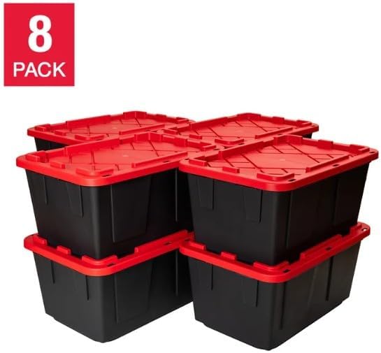 Tough 27 Gallon Plastic Storage Bin with Snap Lid Stackable Lockable Set of 8 Heavy-Duty Durable Multi-Purpose Storage Containers for Indoor &amp Outdoor Use (Red and Black)