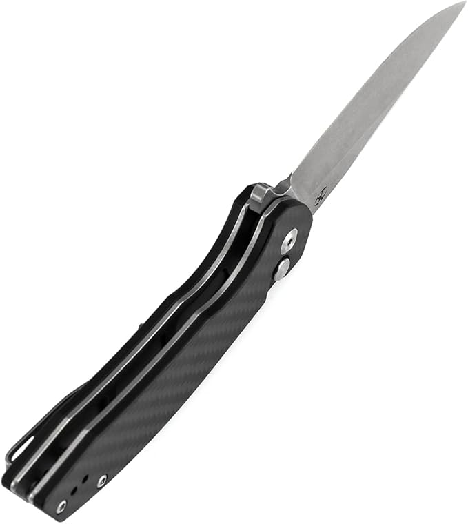 KANSEPT Accipiter Pocket Knife 3.53 Stonewashed 14C28N Blade Twill Carbon FIber Handle Flipper Open &amp Button Lock with Deep Clip EDC Folding Knives for Camping Hunting Survival T1007F2