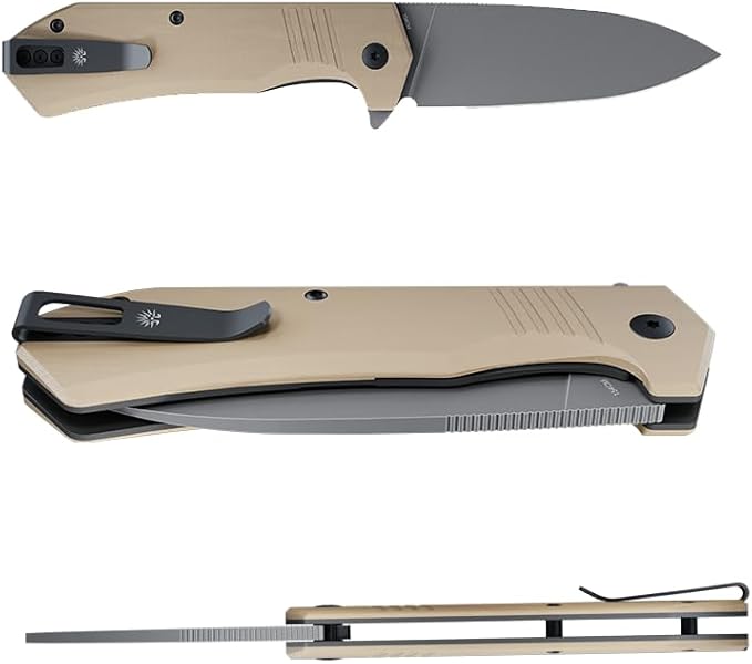 Off-Grid Knives - STINGER XL Folding Knife 154CM Steel Full Flat Grind G10 Scales Ceramic Bearings Drop-Shut Action Deep Pocket Clip Left or Right Hand Carry Camping &amp Tactical Use (Coyote