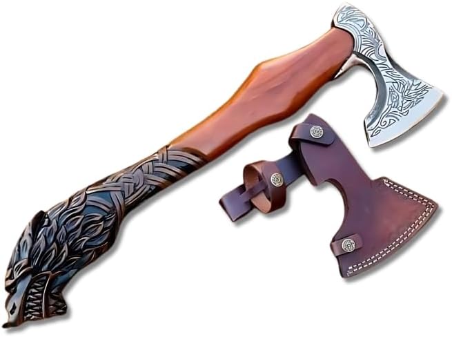 Handmade Tomahawk Bearded Axe Wolf Shaped Carved Rosewood Handle Antique Viking Gift Axe Viking Battle Axe Real Collectible Axe